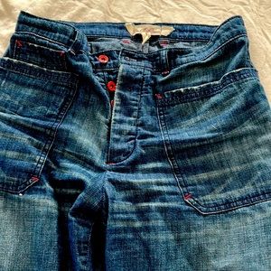 High waist wide leg jeans with red detailing